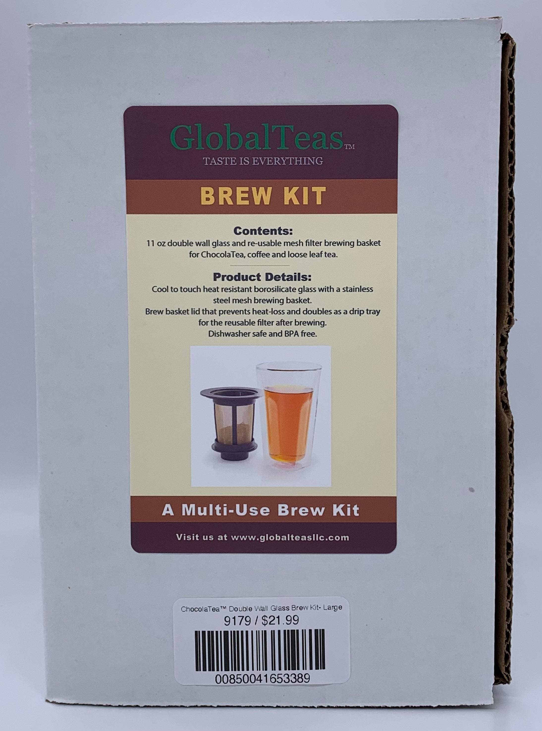 Label for GlobalTeas Brew Kit, featuring a double wall glass, mesh filter, and info on contents and usage for tea and coffee.