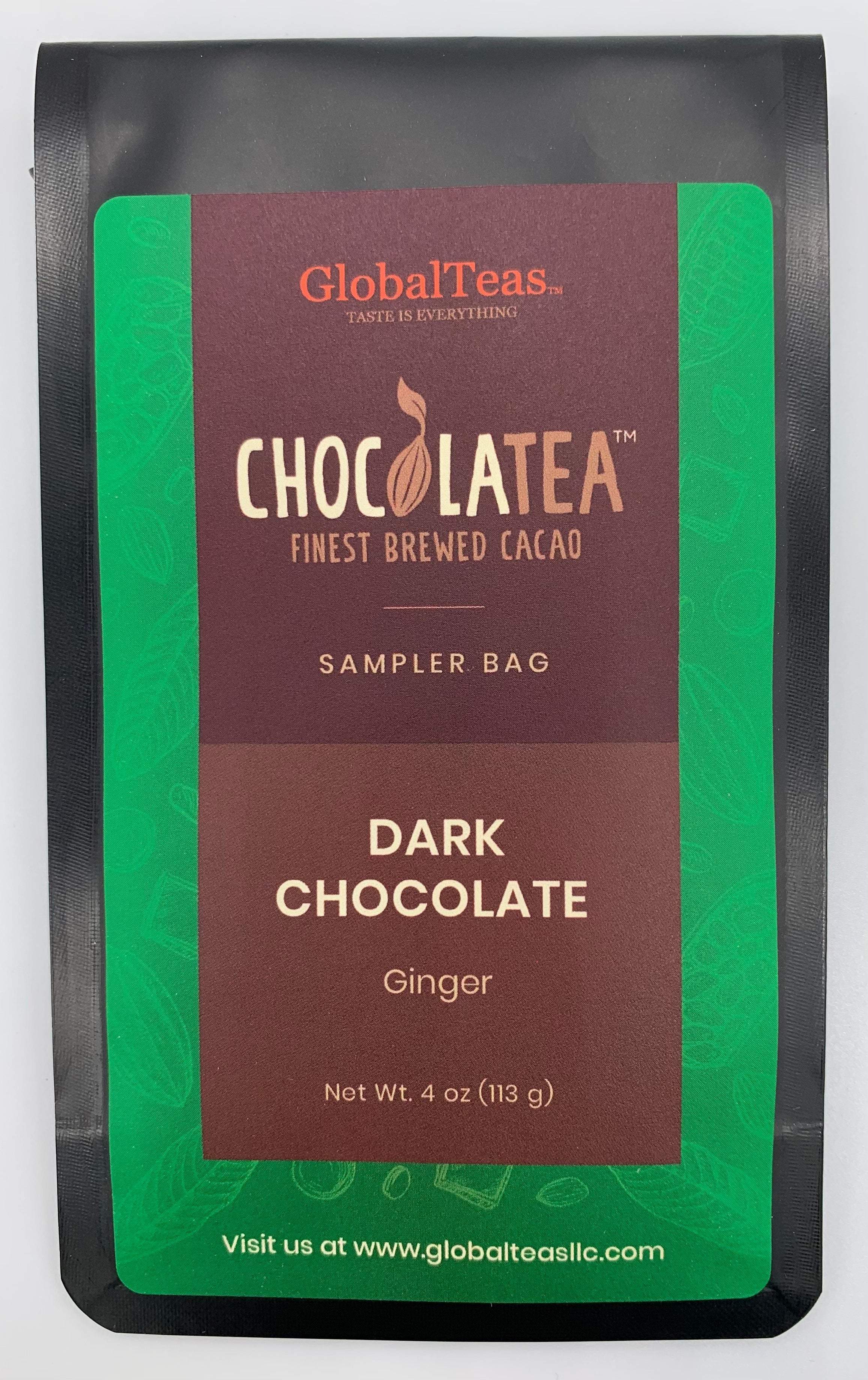 Black coffee bag labeled "GlobalTeas Mexican Coffee," 12 oz, medium roast, with coffee beans and herbs design, for Mexican Chocolate Coffee.