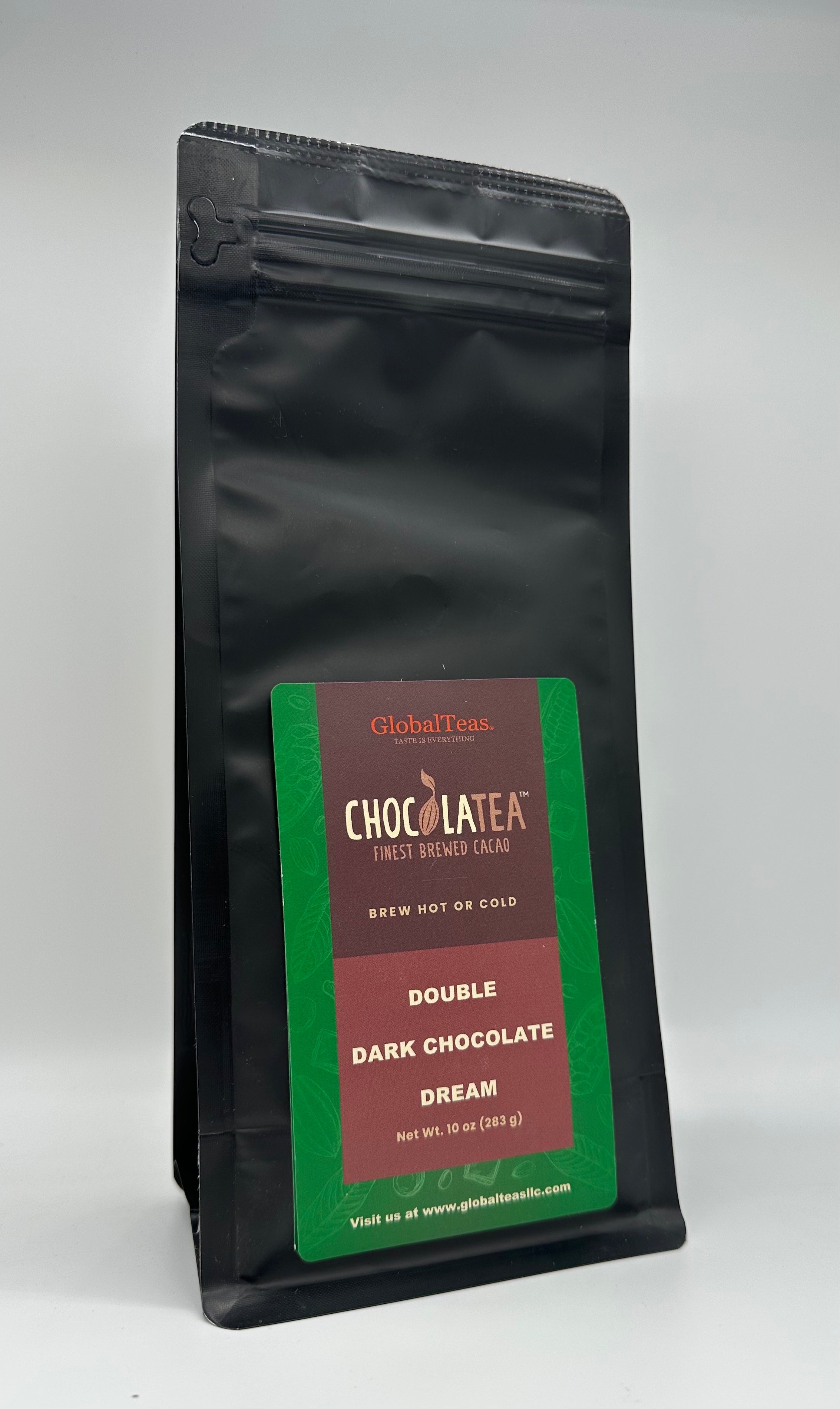 Black pouch of "Chocolatea" labeled "Double Dark Chocolate Dream," a brewable cacao drink for Cold Brew Rooibos.