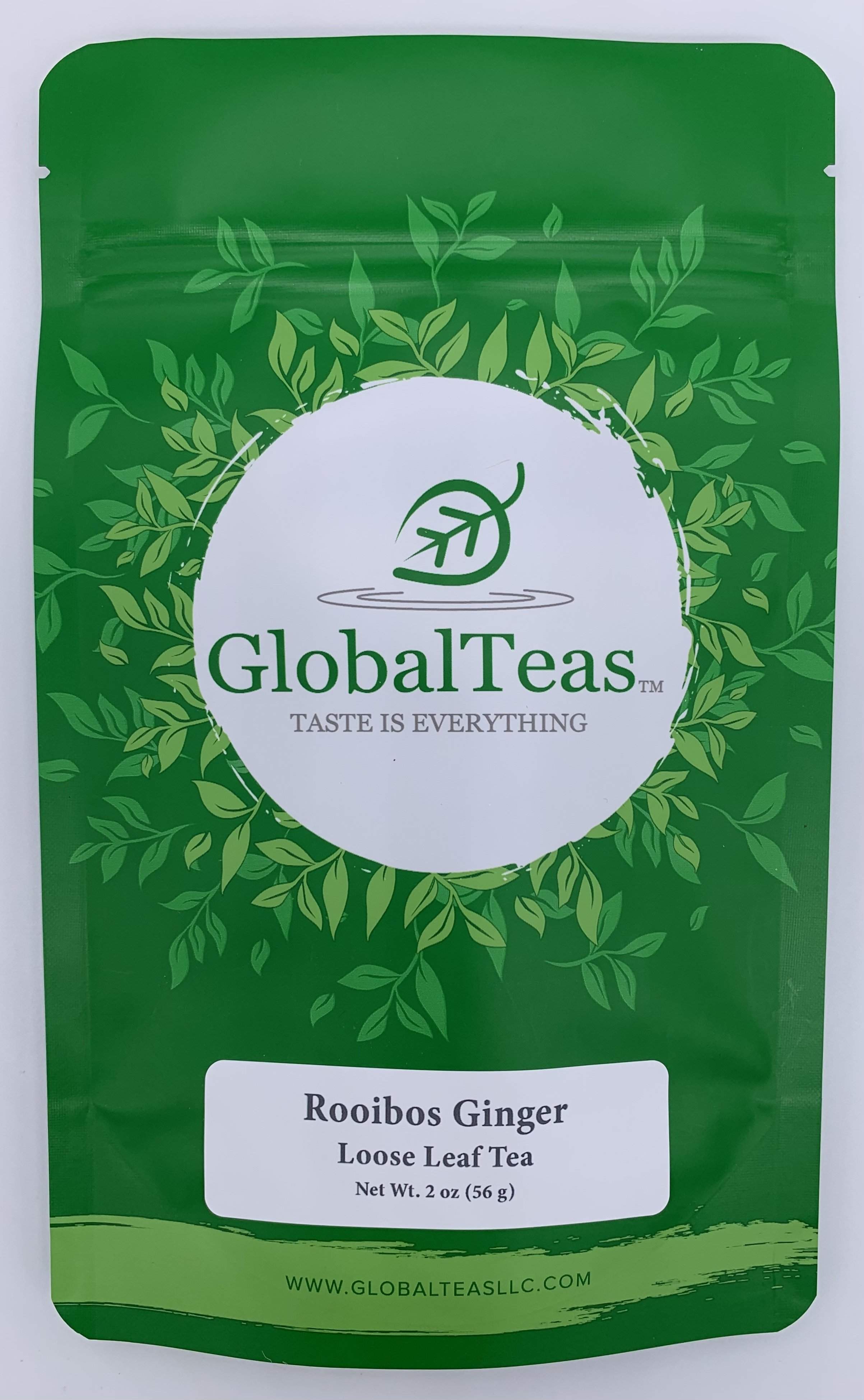 Green pouch labeled "GlobalTeas Rooibos Ginger Loose Leaf Tea," 2 oz, with leafy design, for rooibos loose leaf tea.