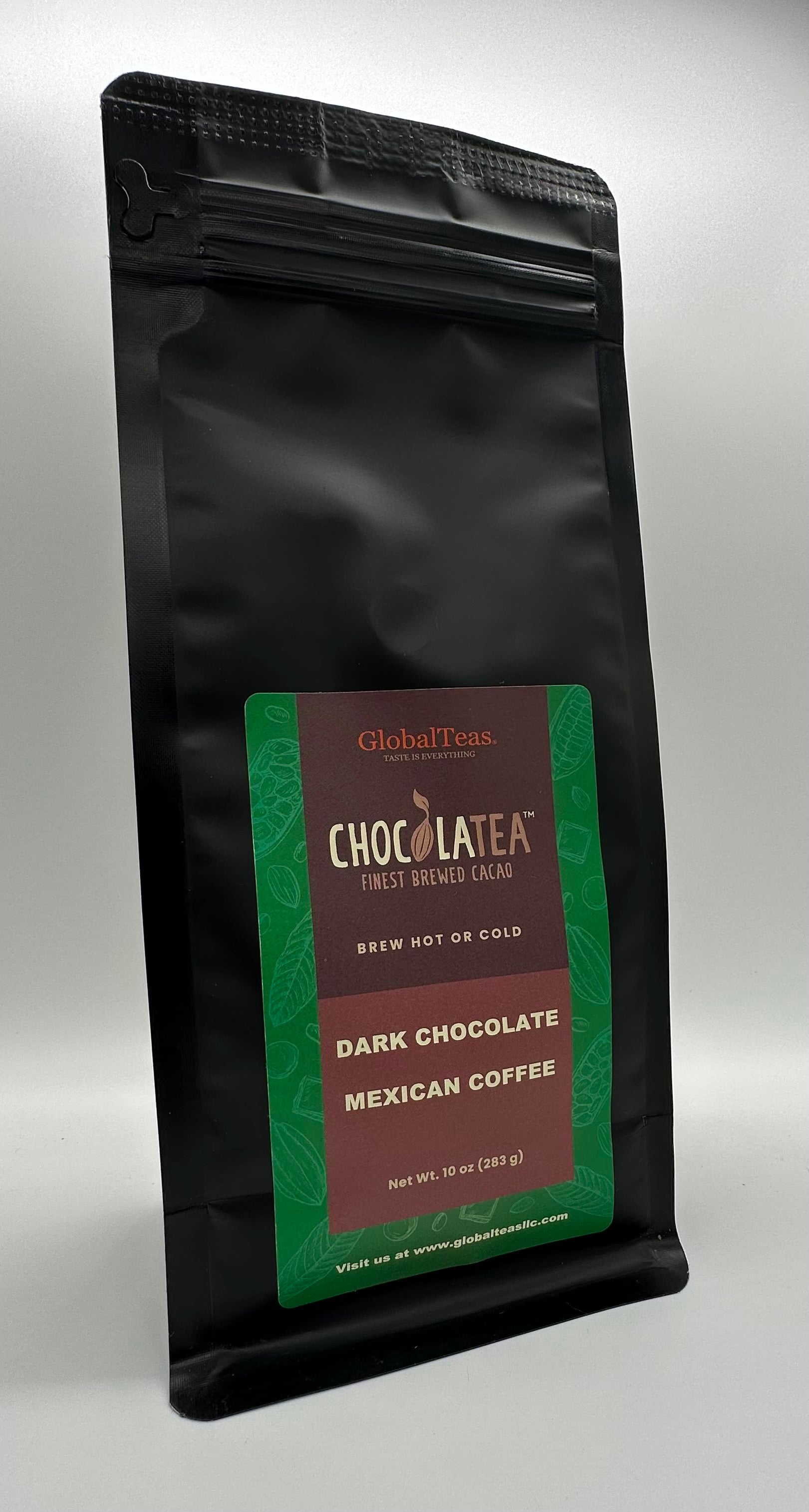 Black pouch of CHOCOLATEA Dark Chocolate Mexican Coffee, for hot or cold brewing, 10 oz, with GlobalTeas branding, for premium coffee.