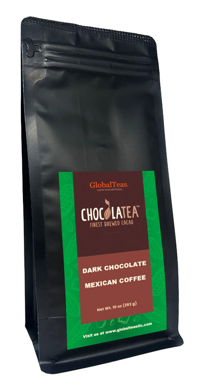 Dark chocolate tea featuring the robust taste of Mexican coffee, creating a delightful and indulgent drink experience.