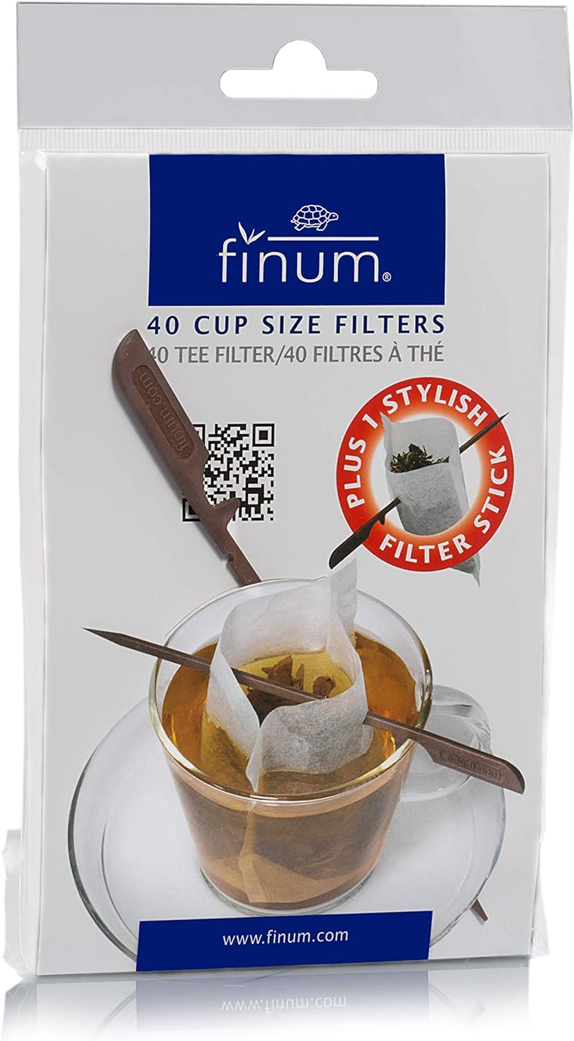 Package of 40 cup-size organic teas filters from Finum, featuring a brewing cup with a tea filter and stylish filter stick.