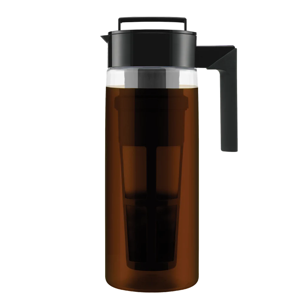 A sleek dark brown pitcher with black lid and handle, designed for brewing and serving Dark Chocolate Mocha.