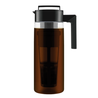 A sleek dark brown pitcher with black lid and handle, designed for brewing and serving Dark Chocolate Mocha.