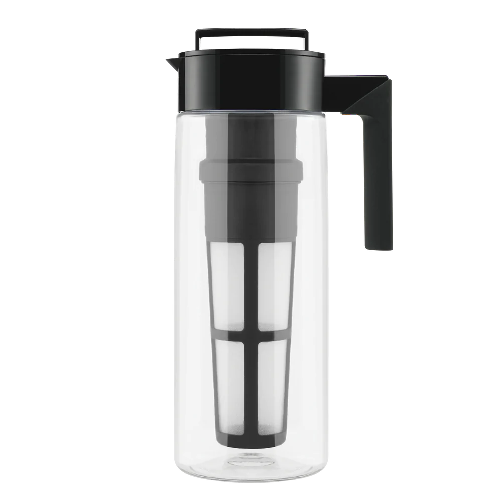 A clear glass water pitcher featuring a stylish black handle for easy pouring.