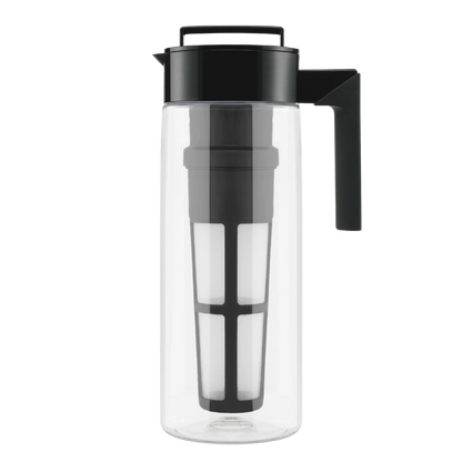 A clear glass water pitcher featuring a stylish black handle for easy pouring.