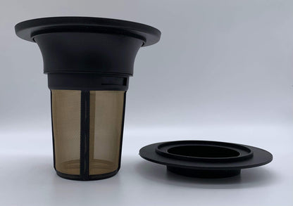 Black coffee filter with mesh design and circular lid, from GlobalTeas, on a light gray background.