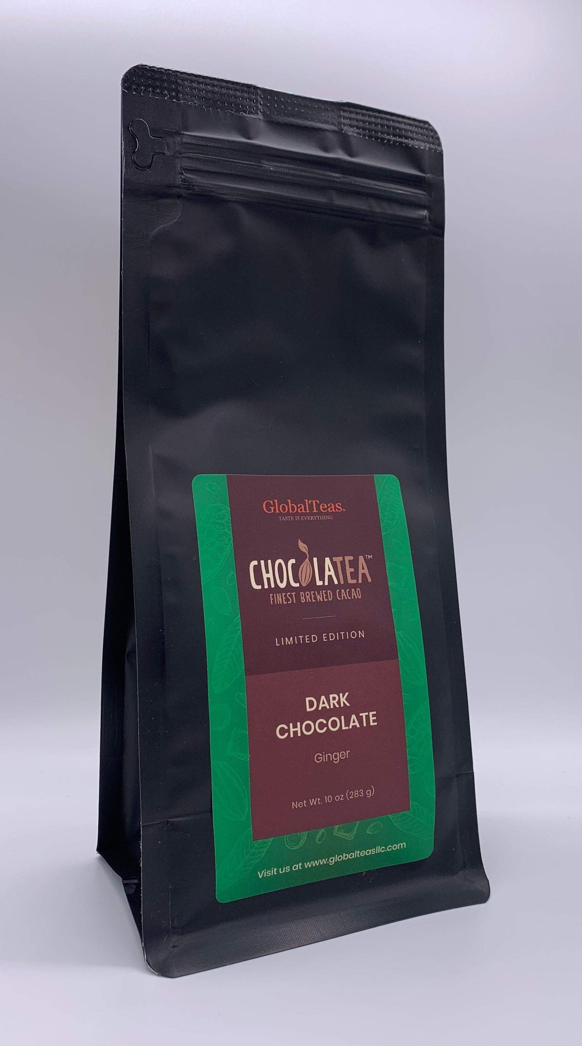 Black pouch of GlobalTeas Dark Chocolate Ginger tea, labeled "Limited Edition," on a light background.