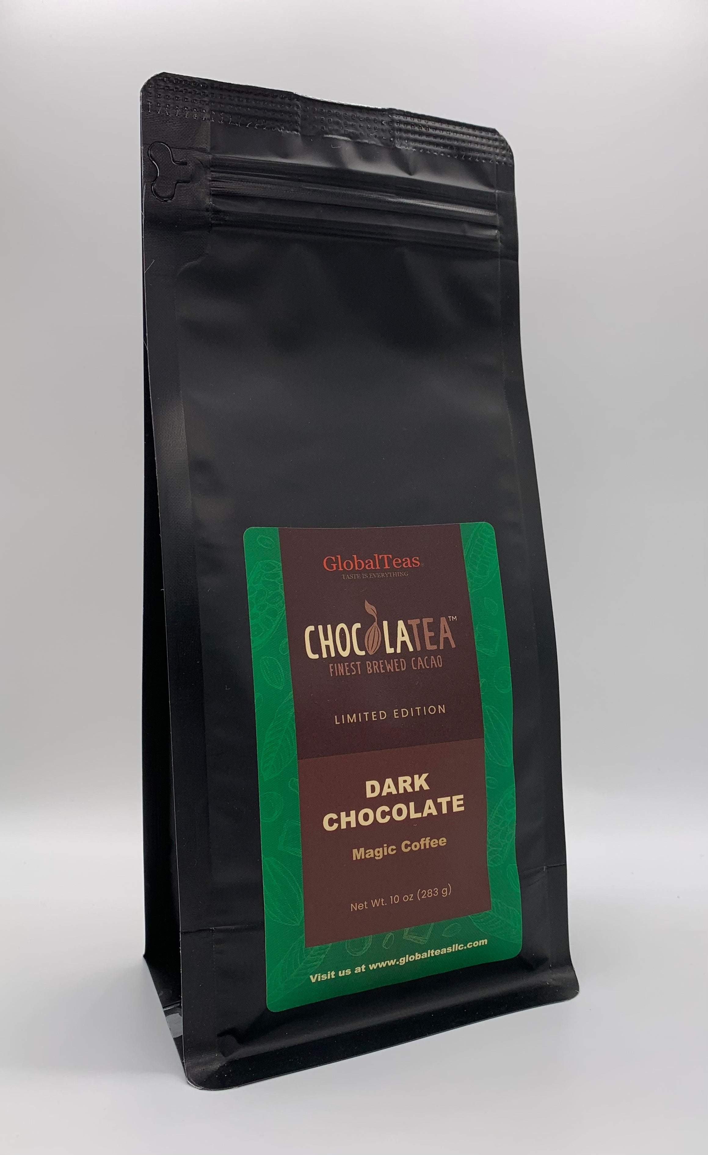 Black coffee bag labeled "Dark Chocolate Magic Coffee" by GlobalTeas, with green and brown design and limited edition mark, for Dark Chocolate Mocha.