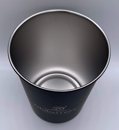 A sleek black metal cup featuring the logo of GlobalTeas, showcasing a polished interior and minimalistic design.