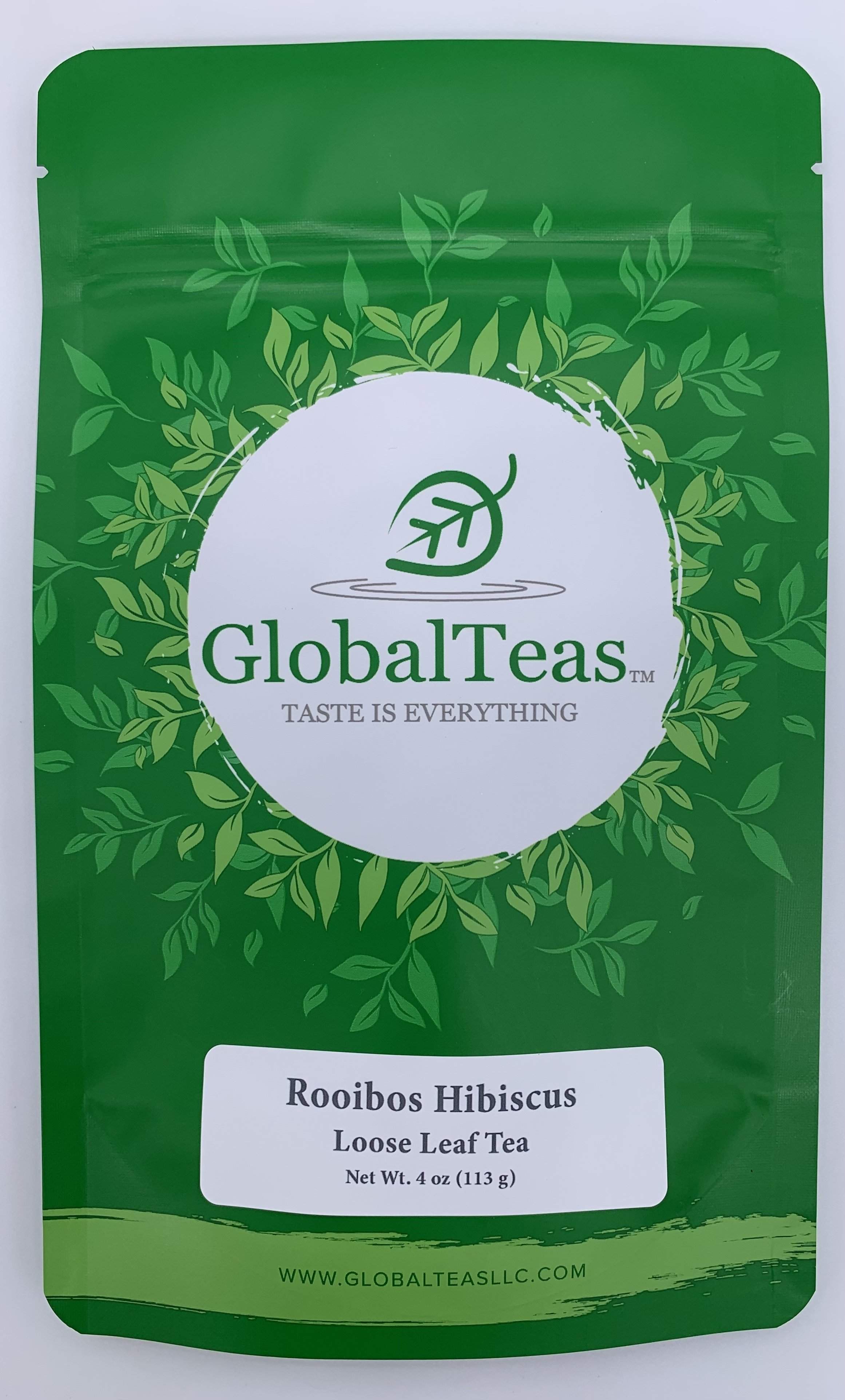 Green package of GlobalTeas Rooibos Hibiscus Loose Leaf Tea with leafy design, net weight 4 oz.