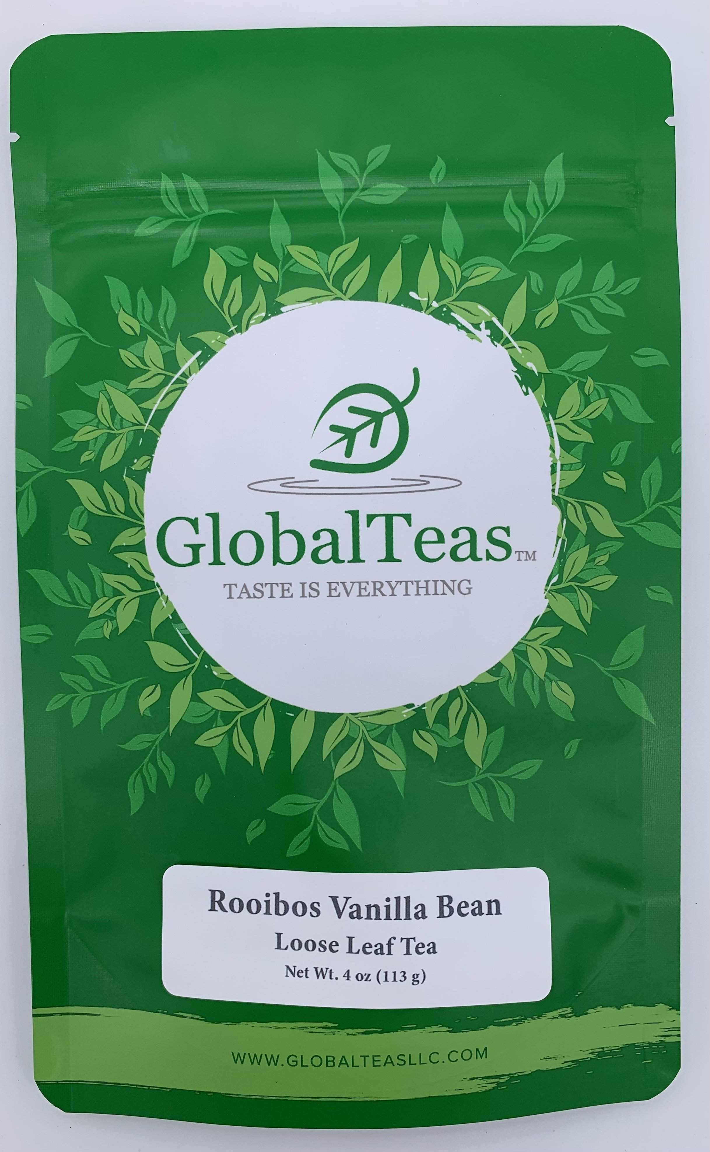 Green package of GlobalTeas Rooibos Vanilla Bean loose leaf tea, 4 oz, with leaf design and logo.