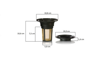 A tea infuser with lid, labeled in centimeters, featuring a sleek black design and transparent body for Global Infusions.