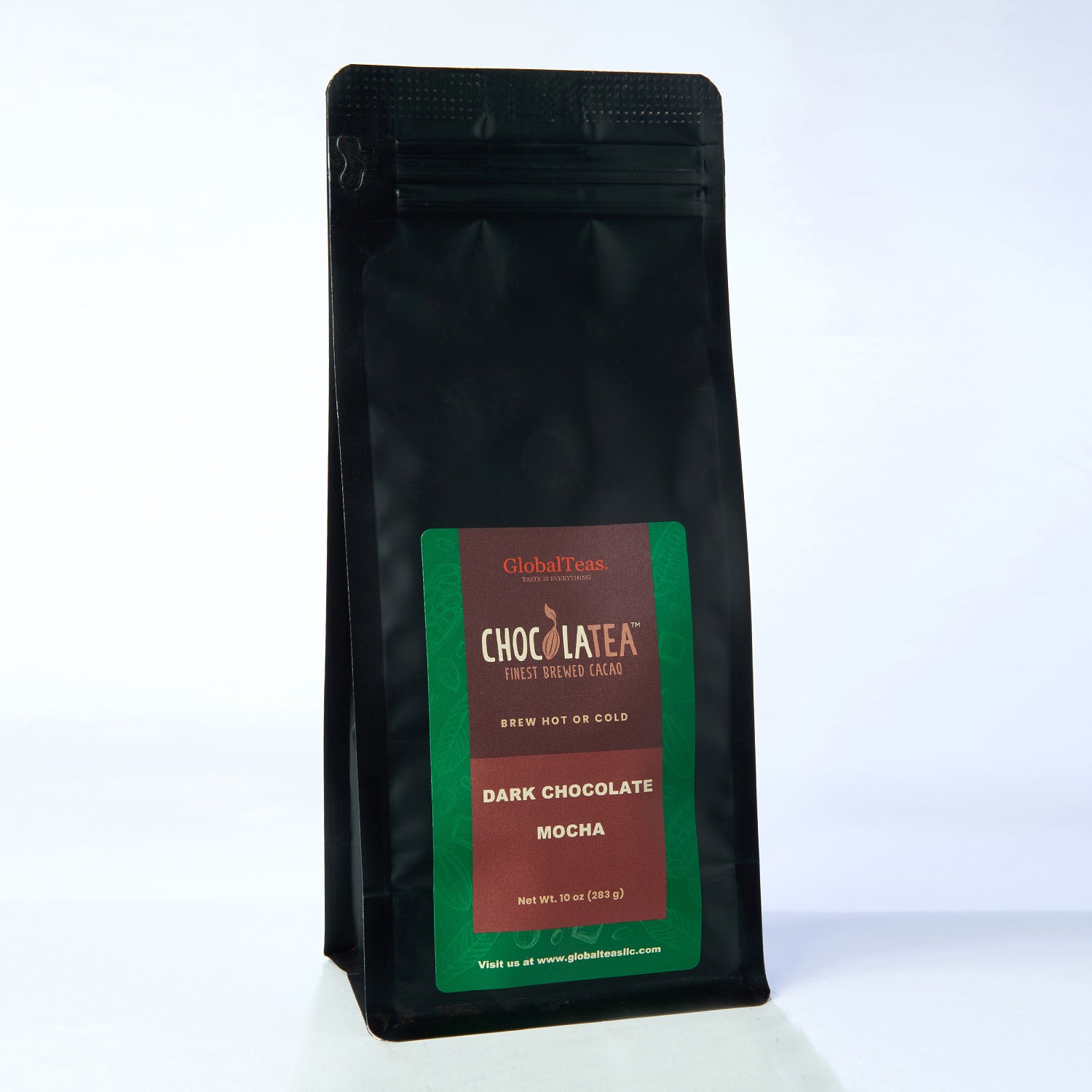 A black pouch of GlobalTeas' Dark Chocolate Mocha, labeled for brewed cacao, with a green and brown design.